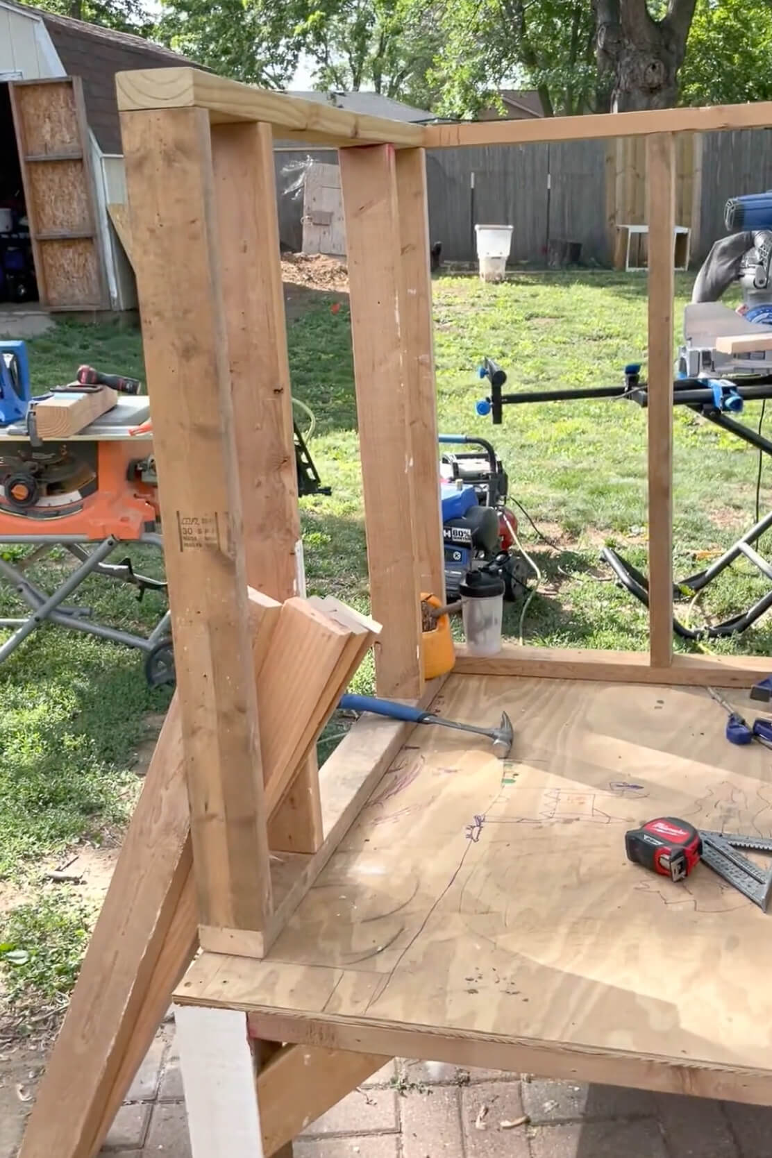 Framing in the walls of the backyard chicken coop.